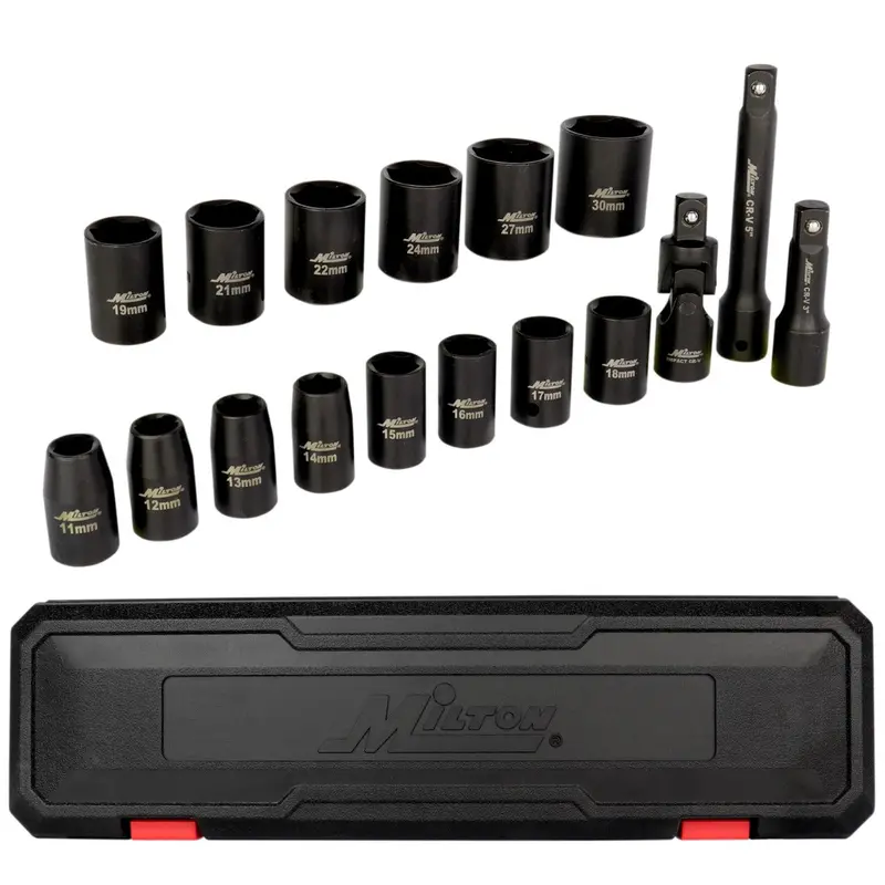 17-Piece 1/2-Inch Drive Shallow Metric Impact Socket Kit (11–30mm) with Universal Joint & Extensions