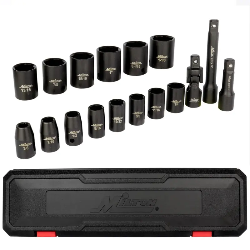 17-Piece 1/2-Inch Drive Shallow SAE Impact Socket Kit (3/8″–1-1/8″) with Universal Joint & Extensions