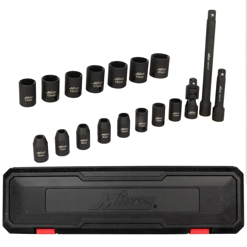 18-Piece 3/8-Inch Drive Shallow 6-Point Impact Socket Set (6–20mm), Black Oxide Coated