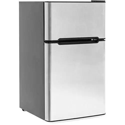 3.2 Cu. Ft. Stainless Steel Compact Refrigerator – Dual-Door Mini Fridge with Internal Freezer, Adjustable Temp Control for Dorms, Offices & Bars