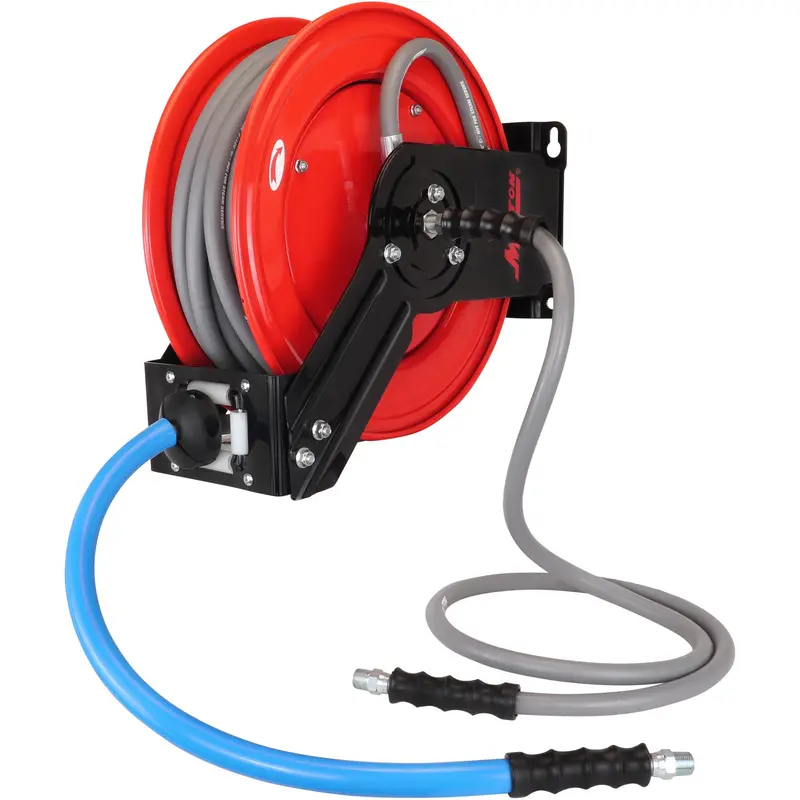 3/8-Inch 50-Foot All-in-One Dual-Arm Pressure Washer Hose Reel – Single Wire-Braided, Rated to 4,000 PSI