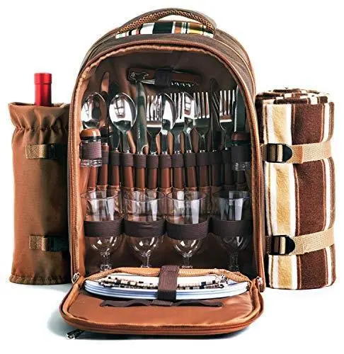 4-Person Picnic Backpack – Insulated Cooler Bag with Detachable Wine Holder, Fleece Blanket & Full Cutlery Set (Coffee Color)
