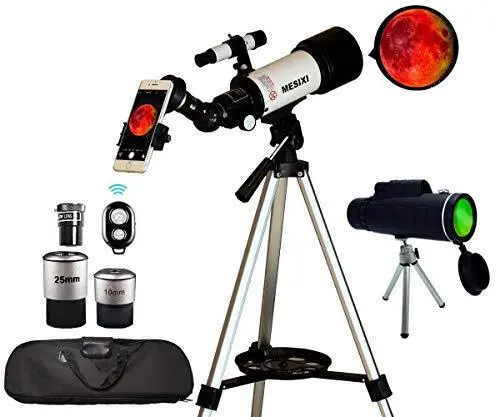 70mm Aperture Portable Astronomical Refractor Telescope Kit – Includes AZ Mount, Smartphone Adapter, Remote, and Carry Bag for Beginners