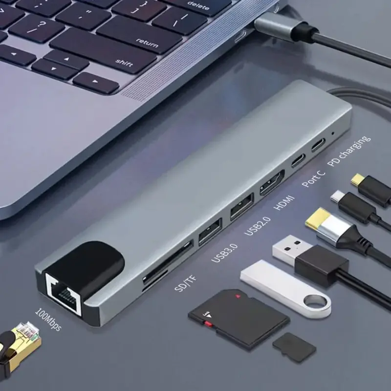 8-in-1 Compact USB-C Docking Hub for Laptops and Tablets