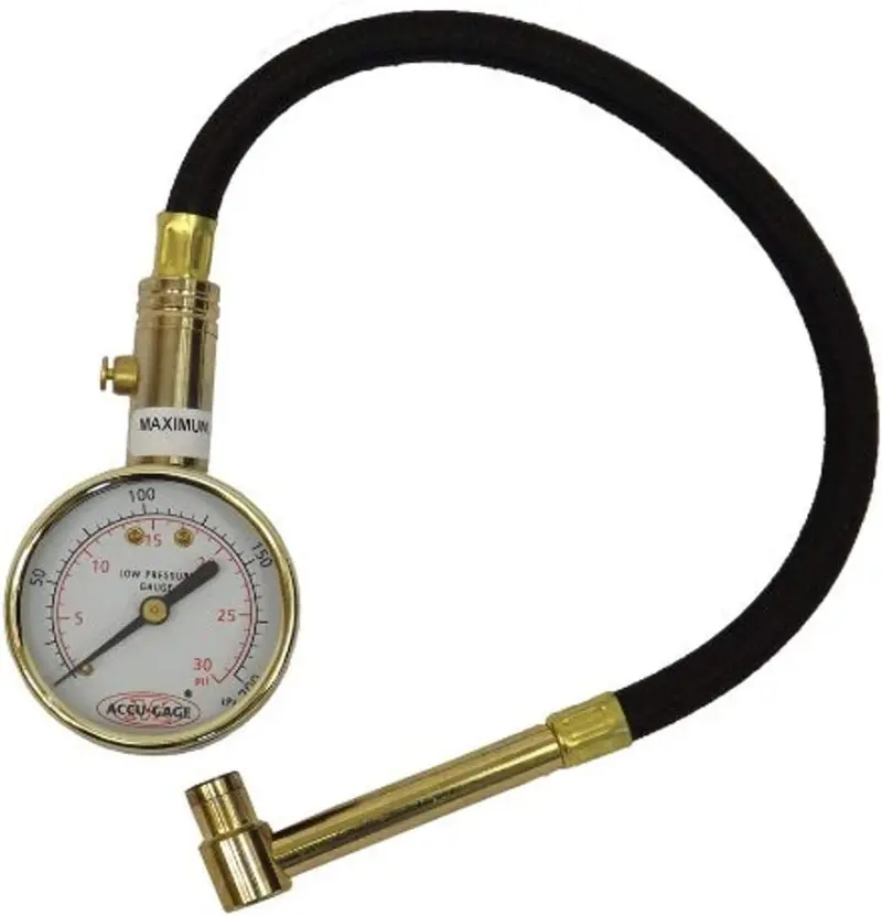 Accu-Gage 5–30 PSI Right-Angle Dial Tire Pressure Gauge with Integrated Hose