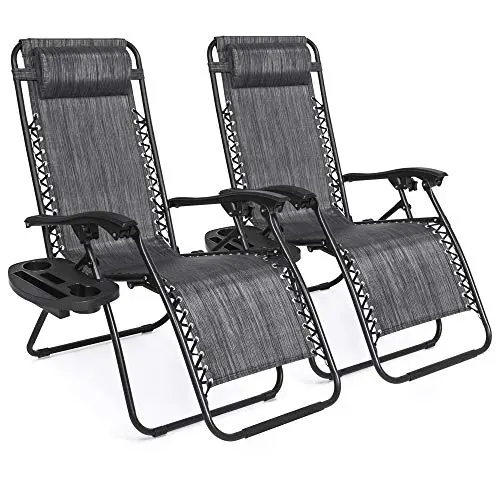 Adjustable Steel Mesh Zero Gravity Recliner Set with Pillows & Cup Holders – Gray