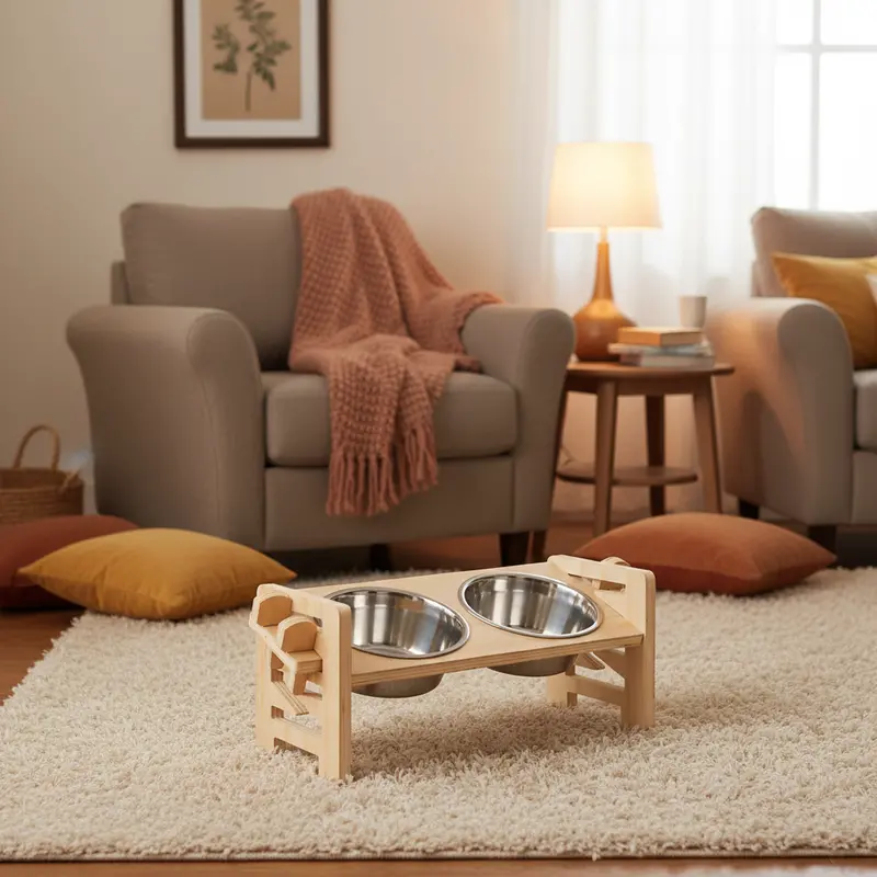 Adjustable Wooden Pet Feeding Station with Dual Stainless Bowls
