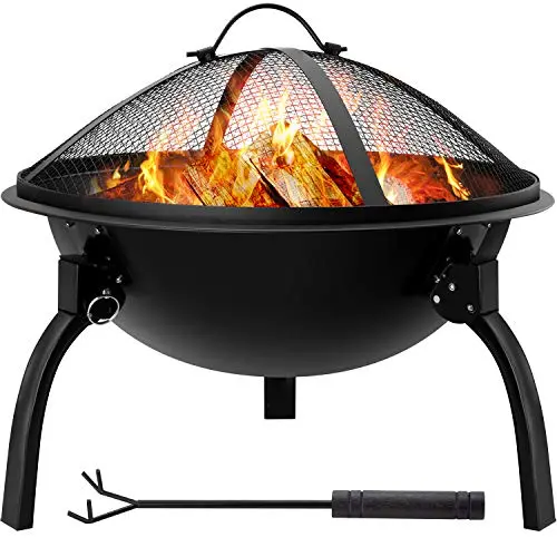 Amagabeli 22-Inch Folding Wood Fire Pit – Portable Outdoor Fireplace with Spark Screen, Retardant Lid, Poker, and Rustproof Metal Grate – Black