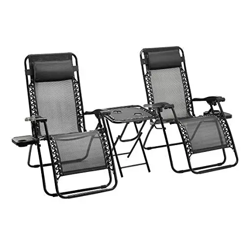 Amazon Basics Zero Gravity Folding Lounge Chair – Textilene Outdoor Recliner with Side Table and Pillow (2-Pack, Black)