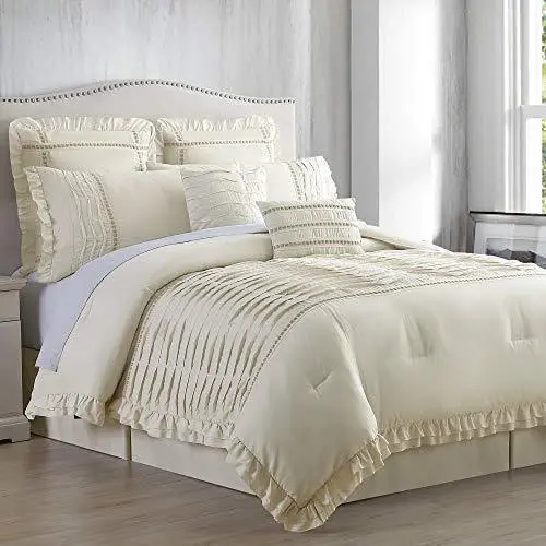 Amrapur Overseas Antonella Pleated Comforter Set – 8-Piece Queen Bedding in Warm Beige