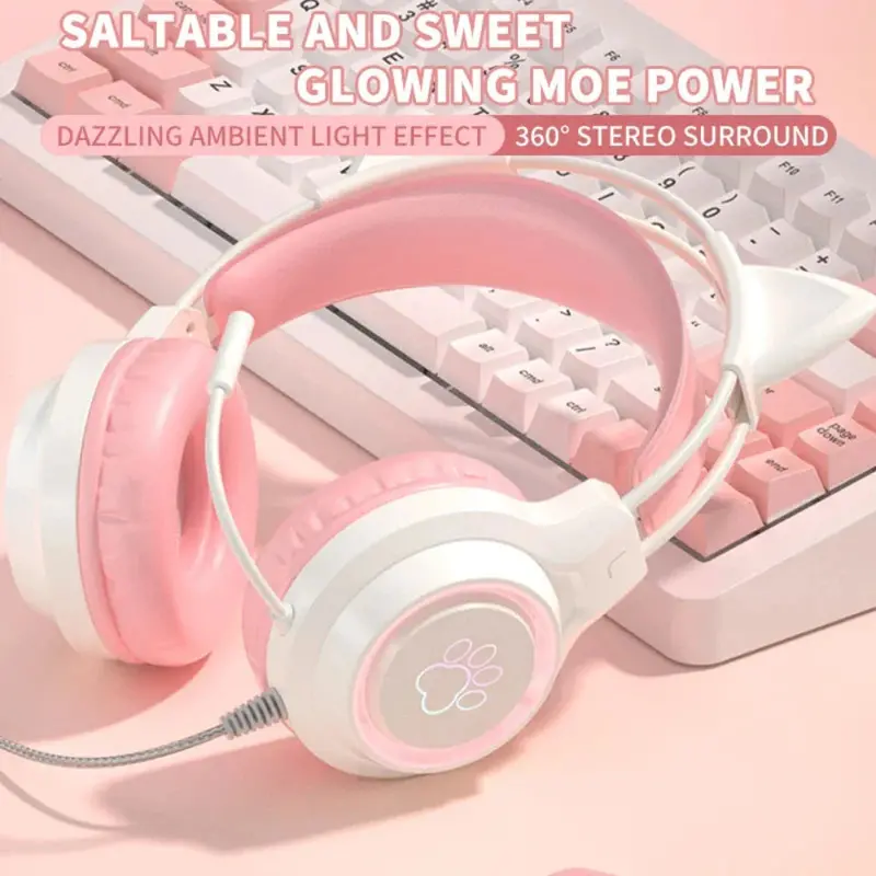 Animated LED Cat Ears Headphones with Wired Audio