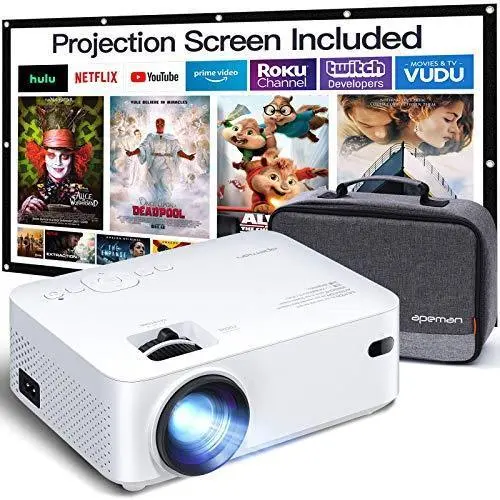 APEMAN 1080P Portable Mini Projector – 200-Inch Display, 60,000-Hour Lamp Life, HDMI/USB/TF Compatibility, Includes Screen & Carry Bag