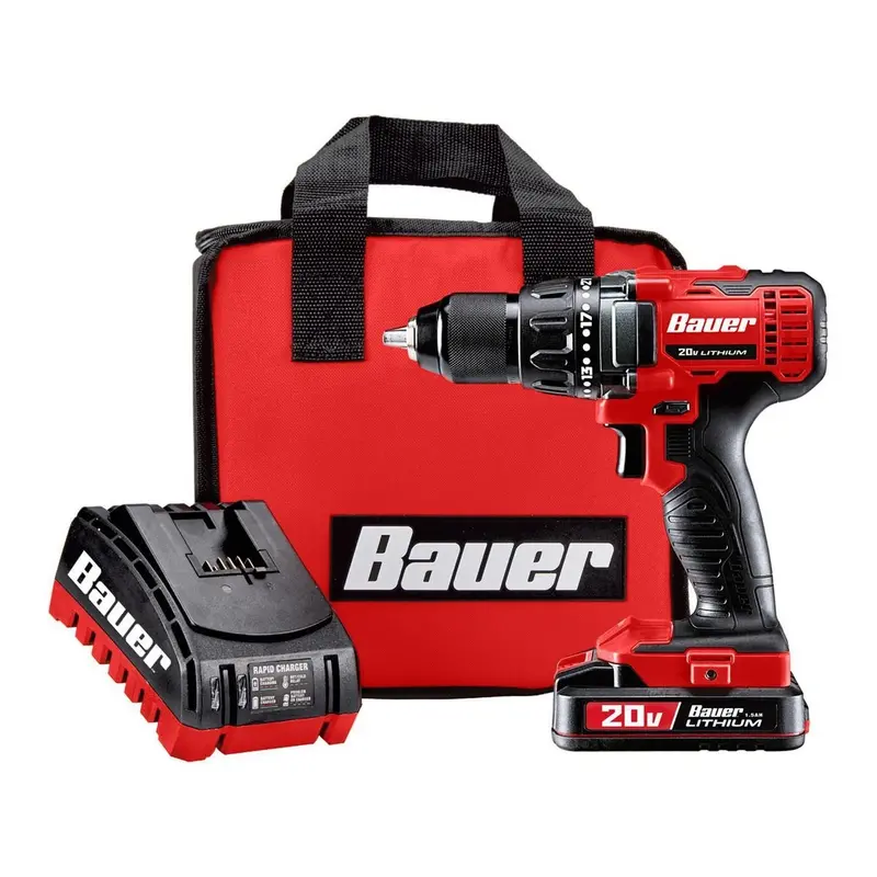 BAUER 20V Lithium-Ion 1/2-Inch Cordless Drill/Driver Kit – Compact Power Tool Set