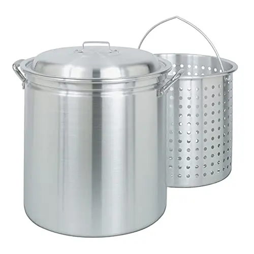 Bayou Classic 60-Quart Aluminum Stockpot – Heavy-Duty Canning & Boiling Pot with Perforated Basket & Vented Lid