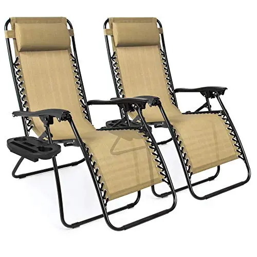 Best Choice Products 2-Pack Zero Gravity Steel Mesh Lounge Chairs – Adjustable Recliners with Pillows & Cup Holders (Beige)
