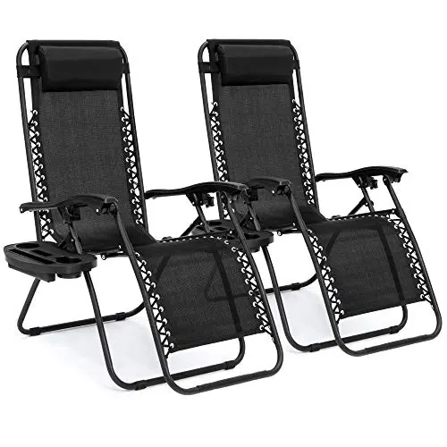 Best Choice Products 2-Piece Zero Gravity Steel Mesh Lounge Chair Set – Adjustable Recliners with Memory Foam Pillows & Cup Holder Trays (Black)