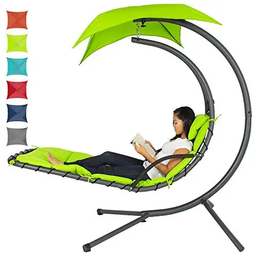Best Choice Products Curved Hanging Chaise Swing – Outdoor Lounge Chair with Removable Canopy & Cushioned Seat (Green)