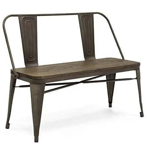 Best Choice Products Industrial Farmhouse Dining Bench – 42-Inch Rustic Metal Frame with Wooden Seat & Adjustable Backrest (Espresso)