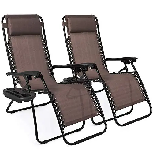 Best Choice Products Zero Gravity Lounge Chair Set (2-Pack) – Adjustable Reclining Patio Chairs with Cup Holders (Brown)