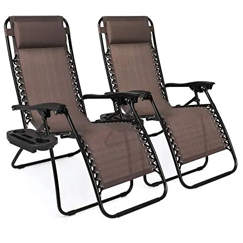 Best Choice Products Zero Gravity Recliner Set – 2-Seat Steel Mesh Lounge Chairs with Pillows & Cup Holders (Brown)