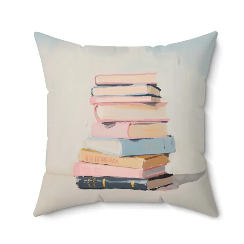 Books in Oil Faux Suede Cushion – Literary Art-Inspired Home Accent