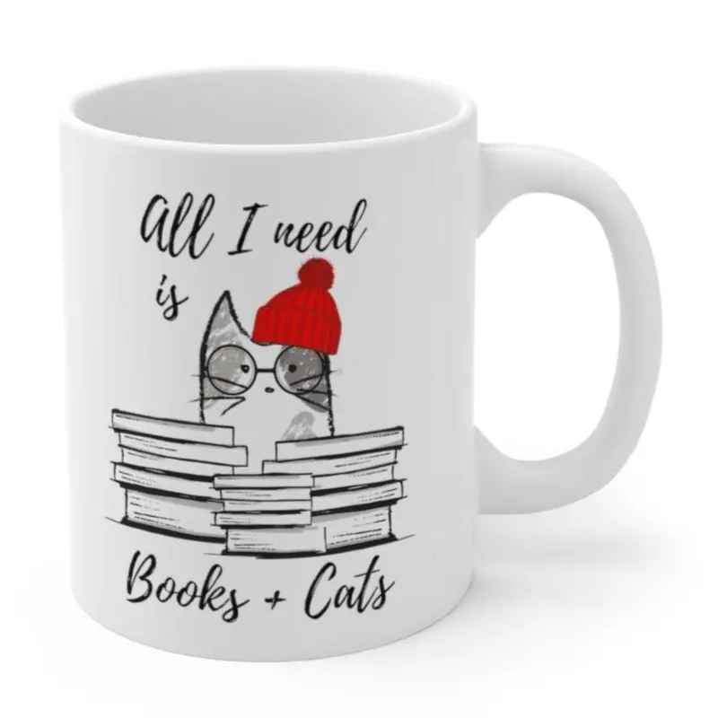 Bookworm & Cat Lover Ceramic Mug – Literary Gift for Readers
