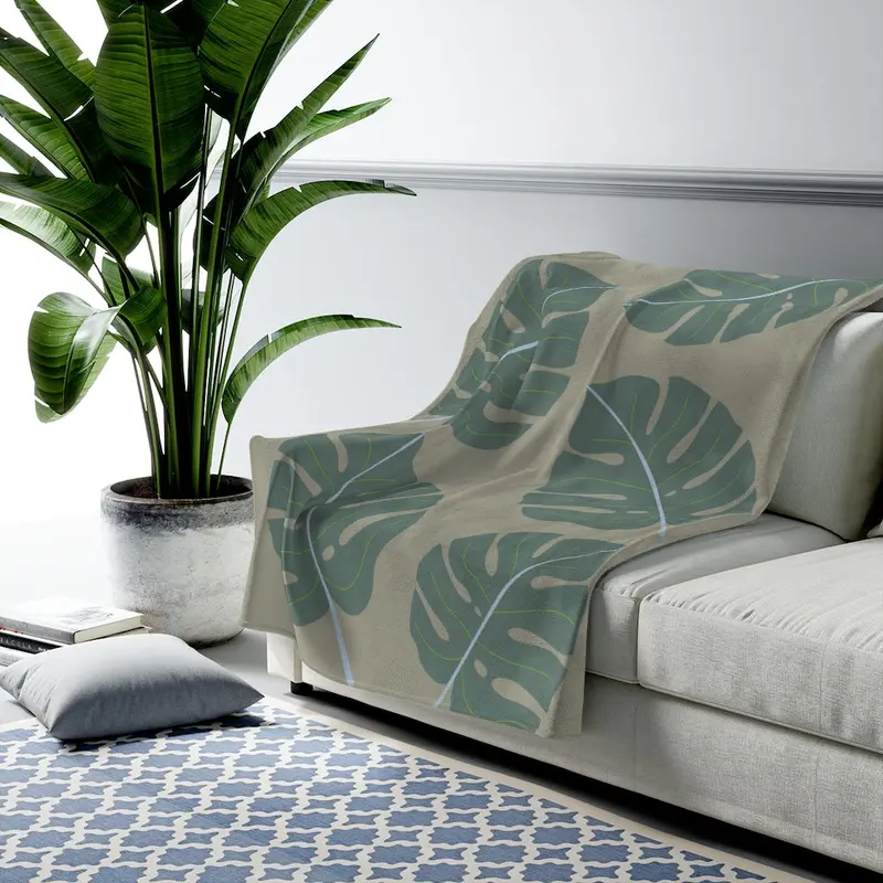 Botanical Green Leaf Design Plush Throw Blanket