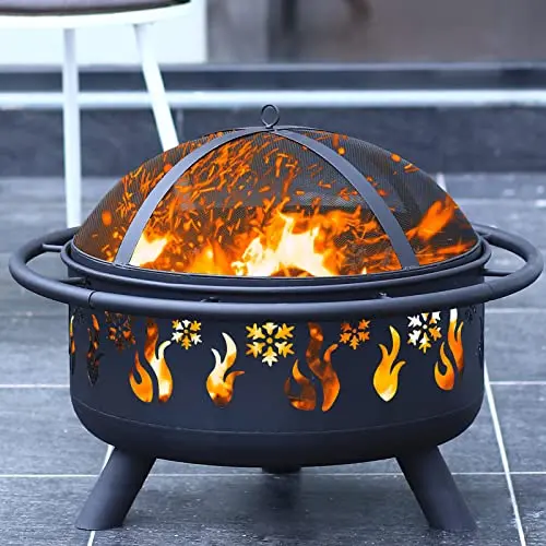 CGVOVOT 30-Inch Outdoor Fire Pit with Snowflake & Flame Design, Spark Screen, and Poker