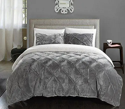 Chic Home Josepha Queen Comforter Set – 3-Piece Pinch-Pleated, Ruffled & Pintuck Design with Sherpa-Lined Reversibility in Grey