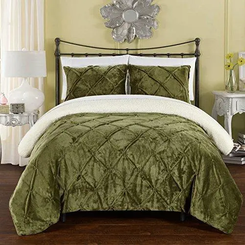 Chic Home Josepha Queen Comforter Set – 3-Piece Sherpa-Lined Bed-in-a-Bag with Pinch Pleats, Ruffles, and Pin Tuck Detailing (Green)
