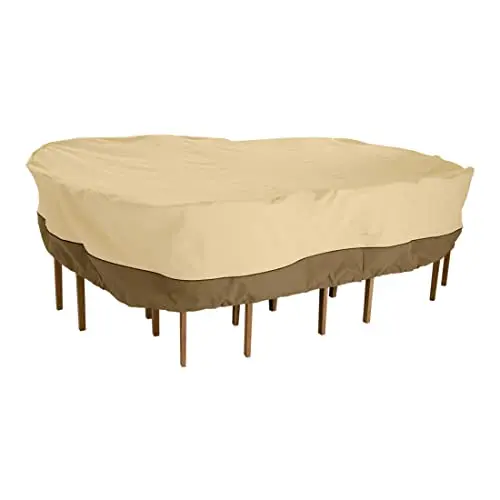 Classic Accessories Veranda Patio Table Cover – Water-Resistant Rectangular/Oval Cover for 128″ Tables & Chairs