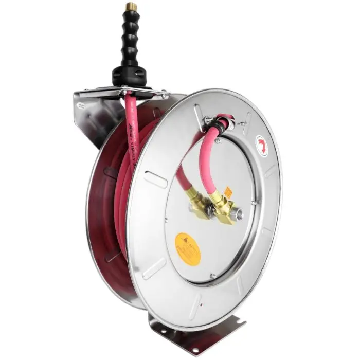 Compact Stainless Steel Retractable Hose Reel: 1/4″ ID × 35′ EPDM Hose, 300 PSI