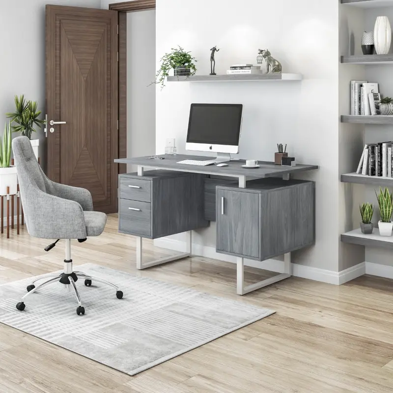 Contemporary Wooden Office Desk with Storage Drawers and Concealed Cabinet