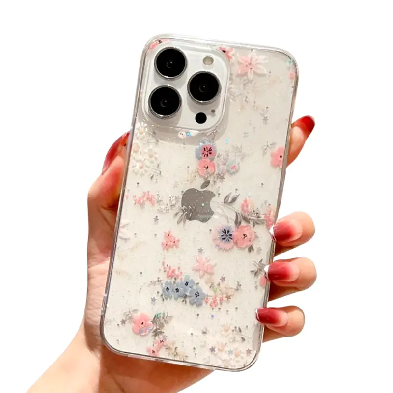 Daisy-Print Glitter Clear iPhone Case