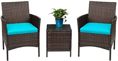 Devoko 3-Piece PE Rattan Patio Set – Outdoor Wicker Chairs & Table for Garden or Porch (Brown/Blue)