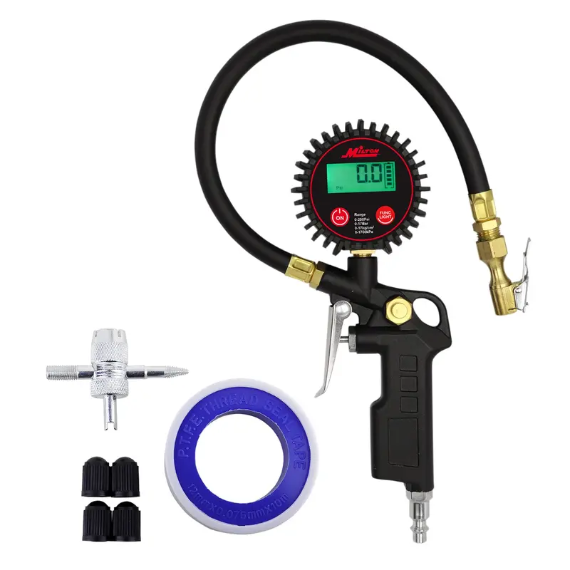 Digital Tire Inflator with Precision Pressure Gauge – 14″ Rubber Hose, 250 PSI Max, Brass Lock-On Chuck