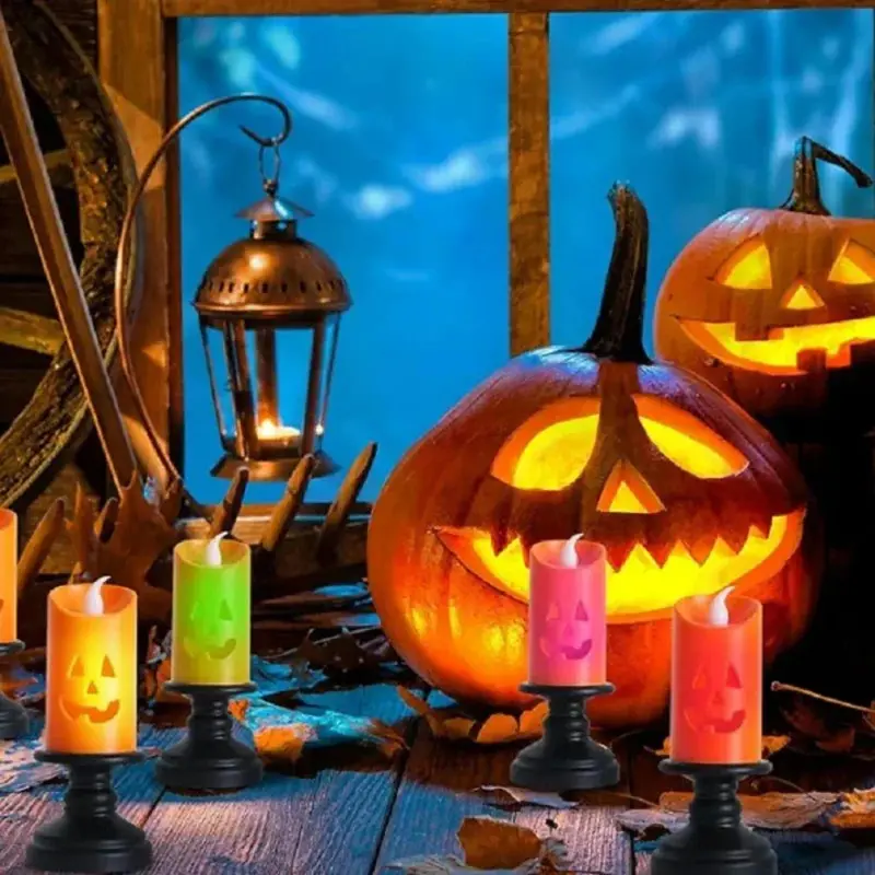 Electronic Pumpkin-Themed LED Candle with Flickering Flame Effect