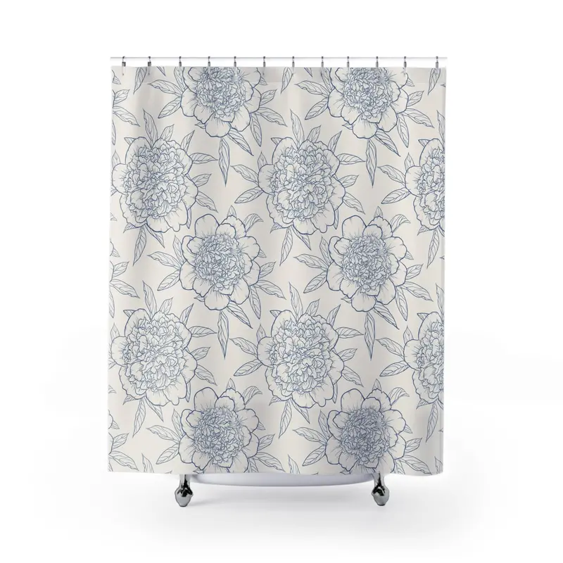 Elegant Blue Floral Outline Shower Curtain – Soft Watercolor-Inspired Design