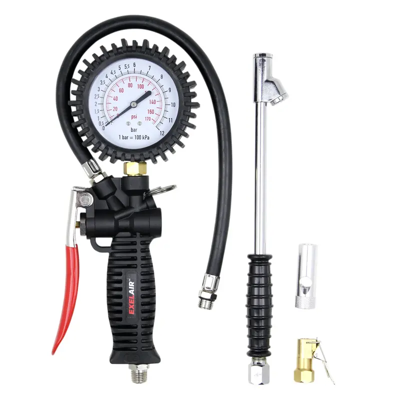EXELAIR 3-in-1 Pro Analog Pistol Grip Inflator/Deflator Kit – 16-Inch Hose, Easy-Clip + Dual Foot Chucks, Venturi Tip, 175 PSI