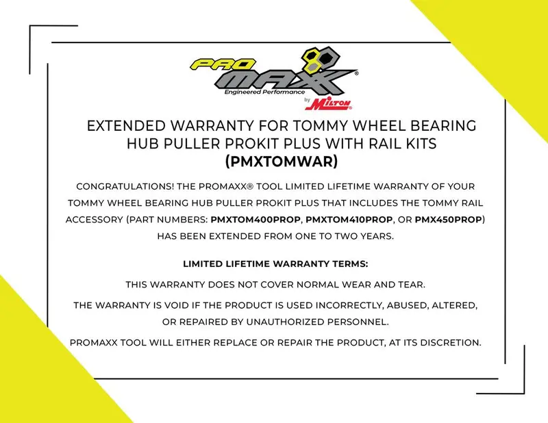 Extended Warranty for Tommy Wheel Bearing Hub Puller ProKit Plus with Rail System