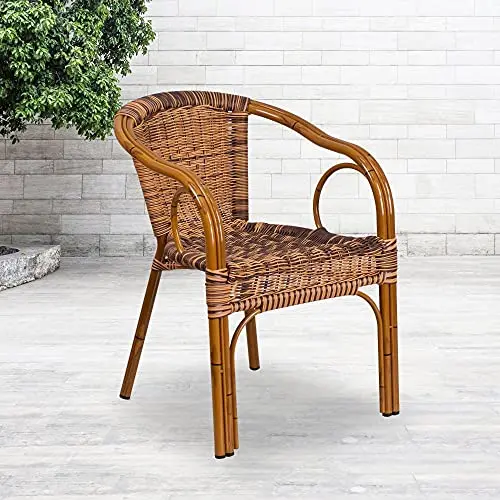 Flash Furniture Cadiz Indoor-Outdoor Dining Chair – Bamboo-Aluminum Frame with Burnt Brown Woven Rattan Seat (Dark Red)