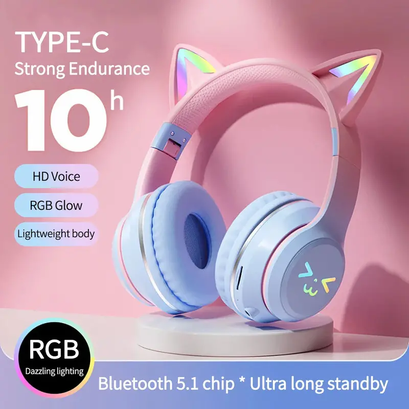 Foldable Bluetooth Headphones with RGB Cat-Ear Lights