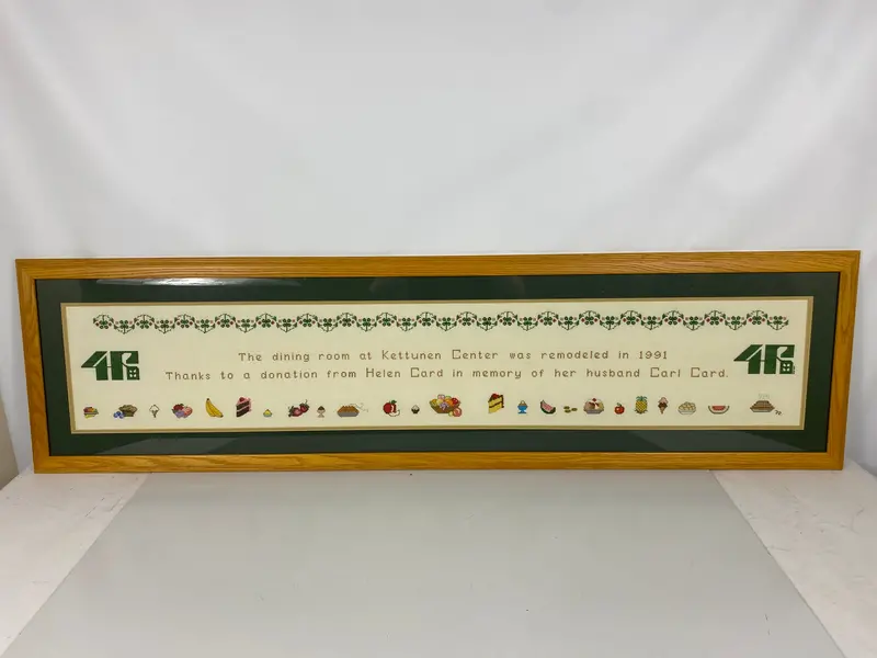 Framed Cross-Stitch Tribute to Kettunen Center Dining Room Remodel Donors