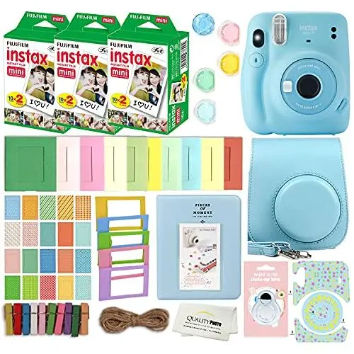 Fujifilm Instax Mini 11 Instant Camera Kit – Sky Blue Bundle with Film, Stickers, Album & Carry Case