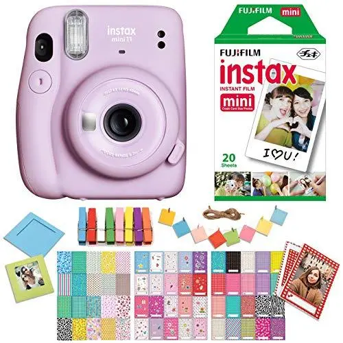 Fujifilm Instax Mini 11 Instant Camera – Lilac Purple Bundle with Twin Film Pack, Stickers, and Hanging Frames