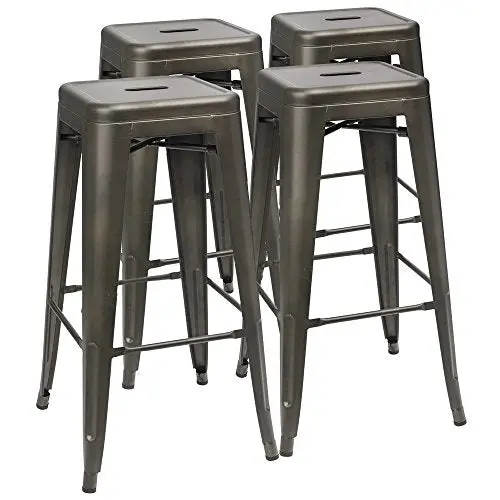 Furmax Set of 4 Gunmetal Metal Bar Stools – 30″, High Backless, Stackable & Indoor-Outdoor Ready