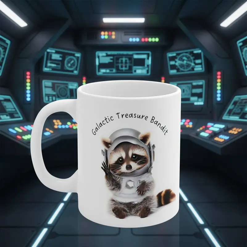 Galactic Raccoon Treasure Hunter Mug – Whimsical Space-Themed Ceramic Cup
