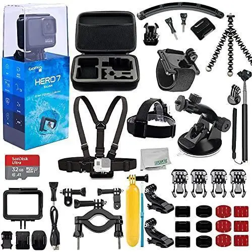 GoPro HERO7 Silver + 25-Piece Accessory Bundle – Includes SanDisk 32GB Card, Hard Case, Chest Strap, Mini Tripod & More