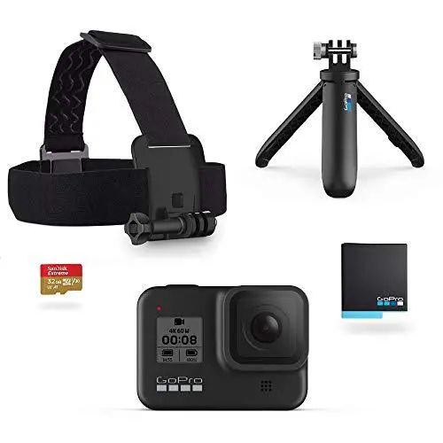 GoPro HERO8 Black Retail Bundle – Includes Camera, Shorty Grip, Head Strap, 32GB MicroSD, and Two Rechargeable Batteries