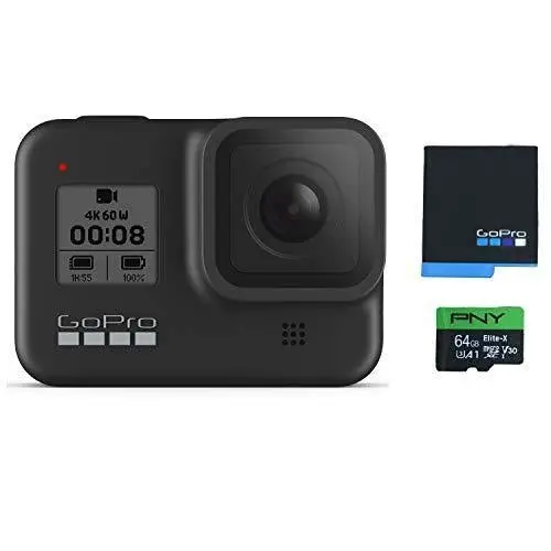 GoPro HERO8 Black Waterproof Action Camera – 4K Ultra HD, Touchscreen, Live Streaming + Accessory Bundle (2 Batteries, 64GB Card)
